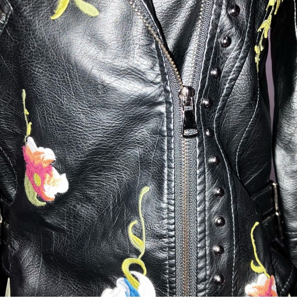 🎉Chic Boho Gorgeous Floral Print Embroidery Faux Leather Moto Bomber Jacket S - Picture 9 of 16